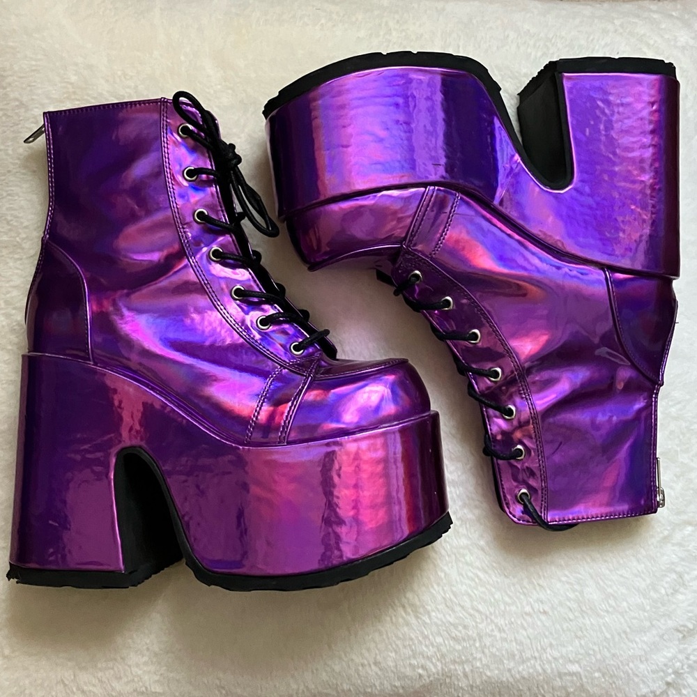 Demonia Holographic/Metallic Purple Platform Boots CAMEL-203